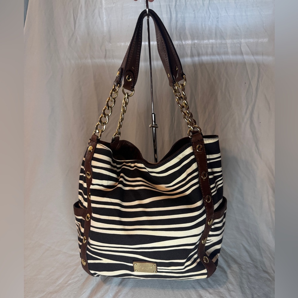 Michael Kors Striped Canvas Tote Bag Brown Leather Chain Strap Large